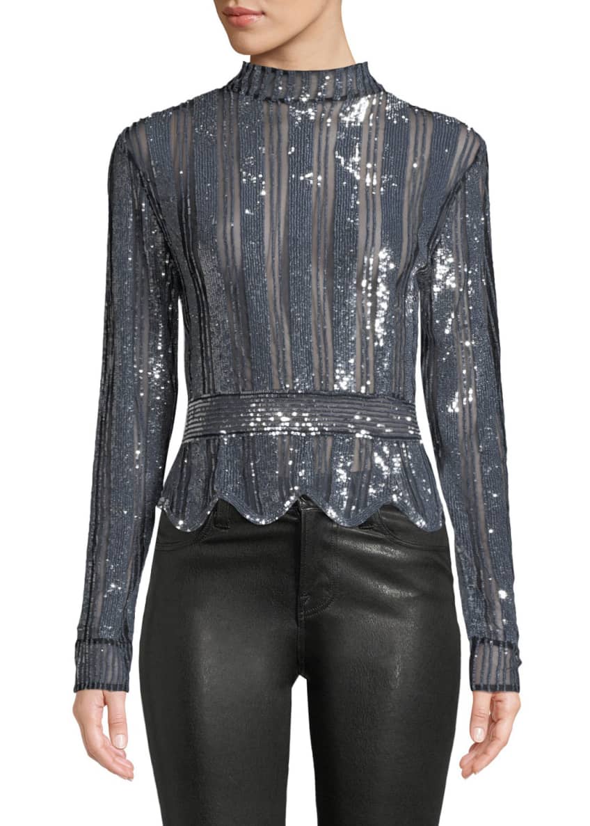 Derek Lam 10 Crosby Sequin Mock-Neck Scalloped Long-Sleeve Blouse and ...