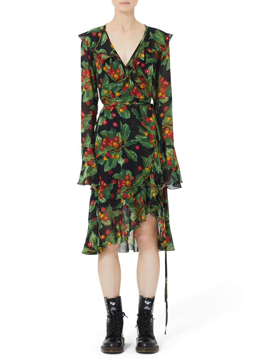 Marc Jacobs (Runway) Bell-Sleeve Ruffled Cherry-Print Wrap Dress Image 1 of 6