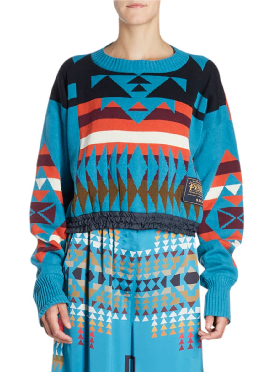 SACAI Crewneck Long-Sleeve Ikat-Print Cropped Pullover Sweater and 