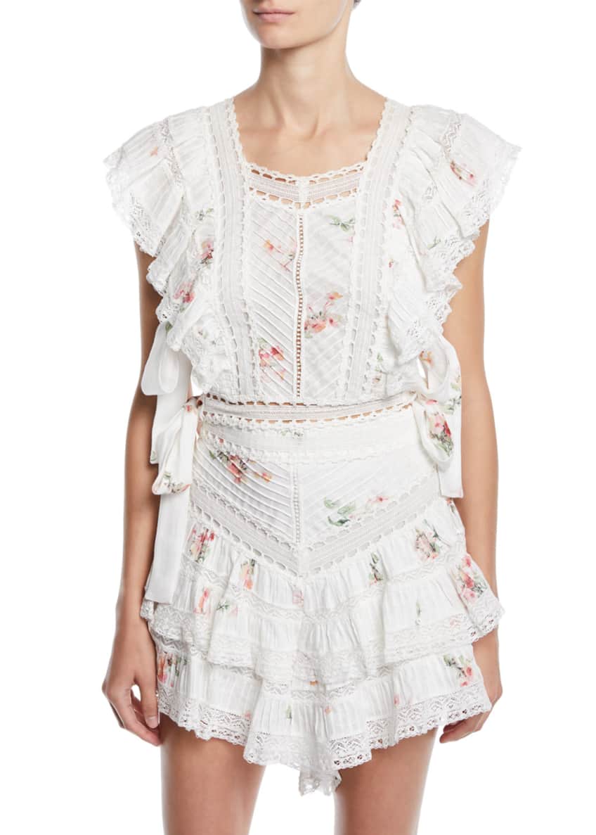 Heathers Pintuck Floral Cropped Ruffle Blouse