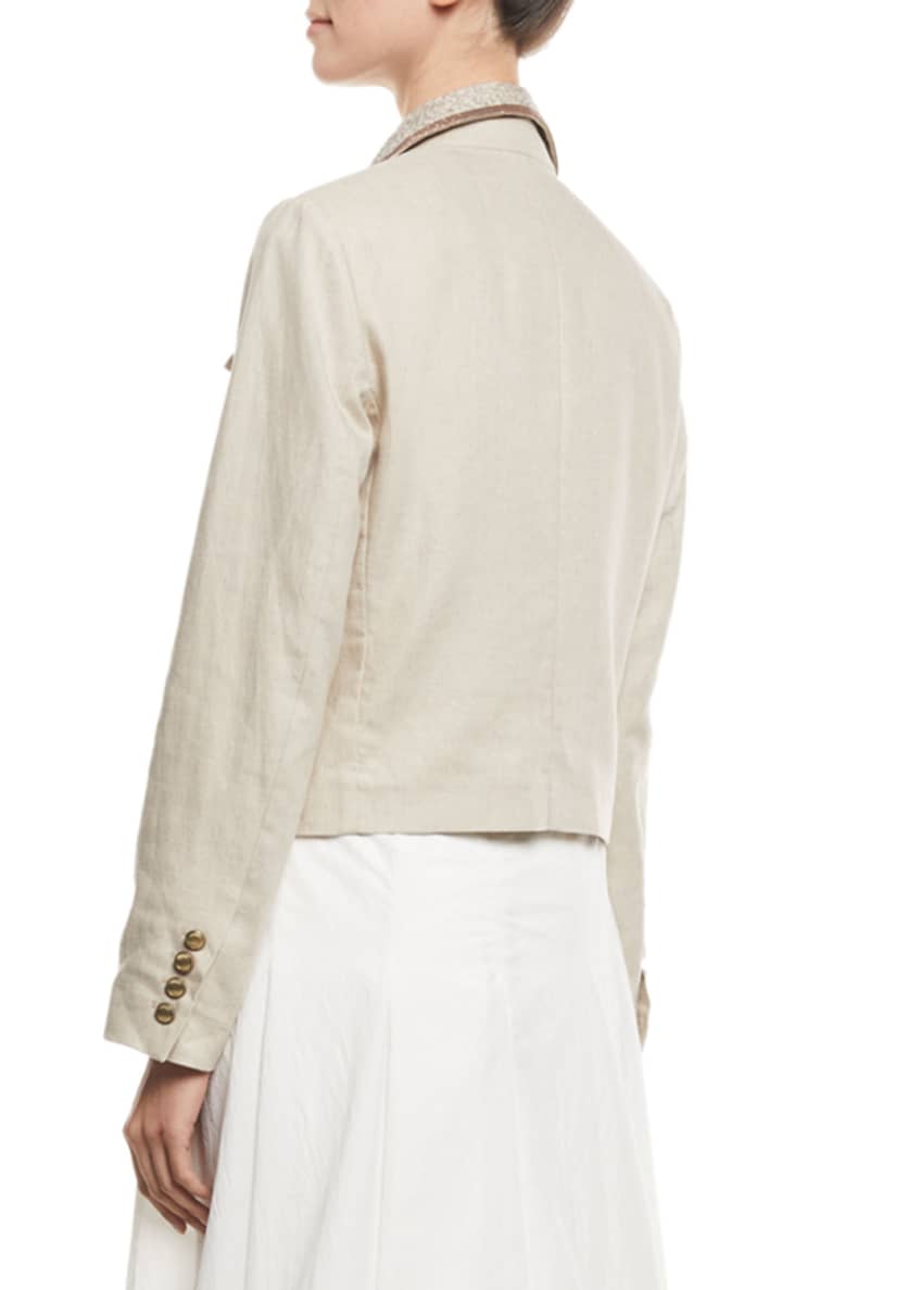 Brunello Cucinelli Paillette-Collar Double-Breasted Cropped Linen-Cotton Jacket Image 2 of 5