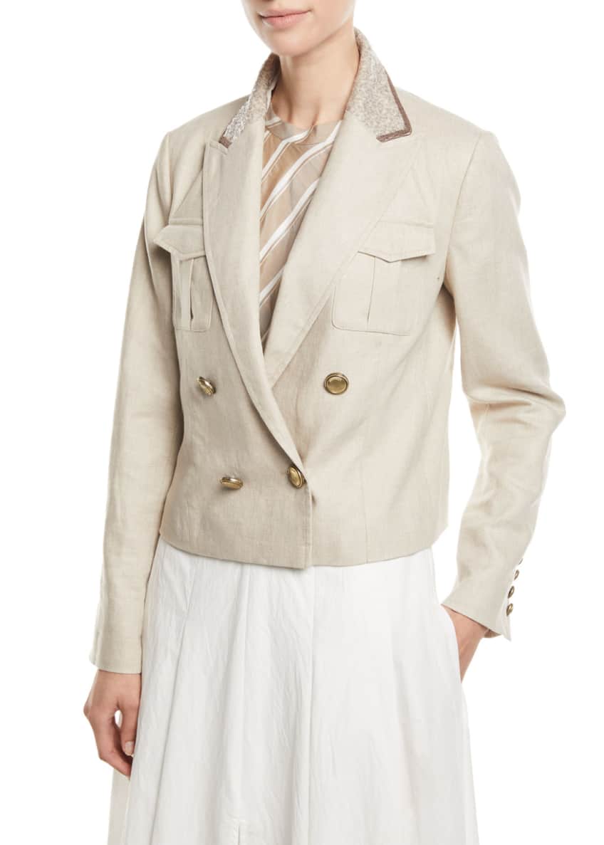 Brunello Cucinelli Paillette-Collar Double-Breasted Cropped Linen-Cotton Jacket Image 1 of 5
