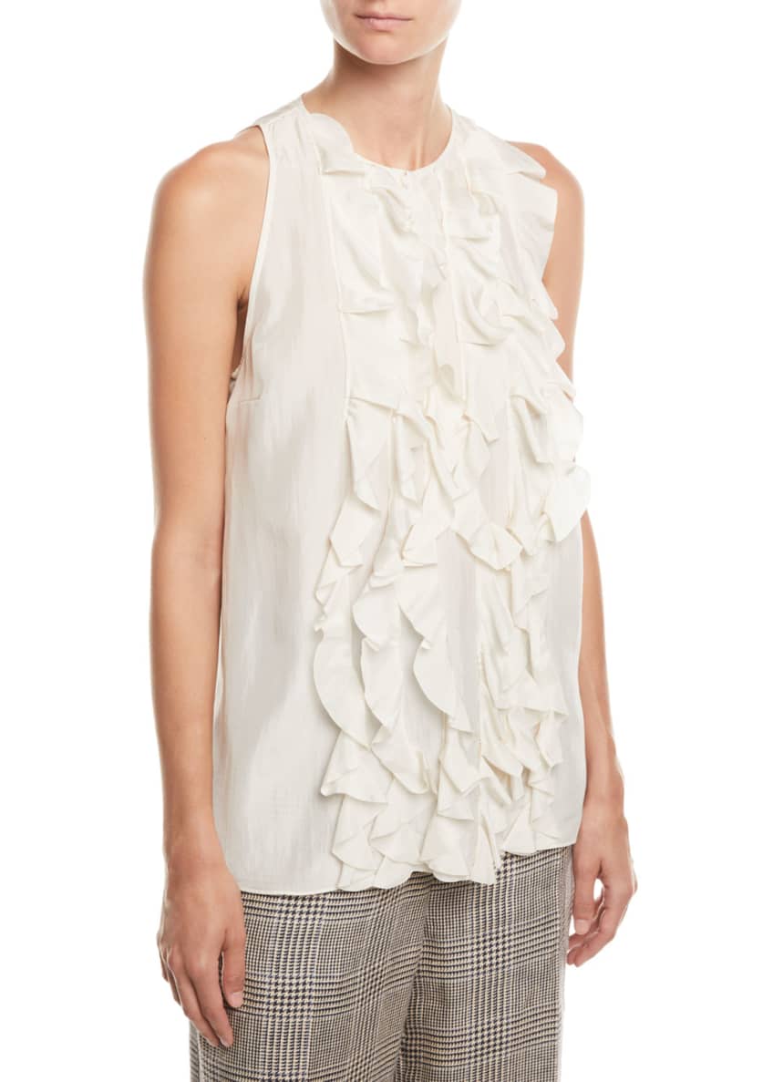 Brunello Cucinelli Sleeveless Ruffled-Silk Keyhole Blouse Image 2 of 3