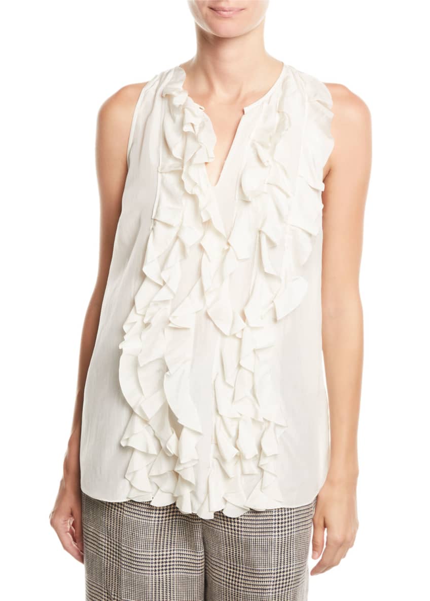 Brunello Cucinelli Sleeveless Ruffled-Silk Keyhole Blouse Image 1 of 3
