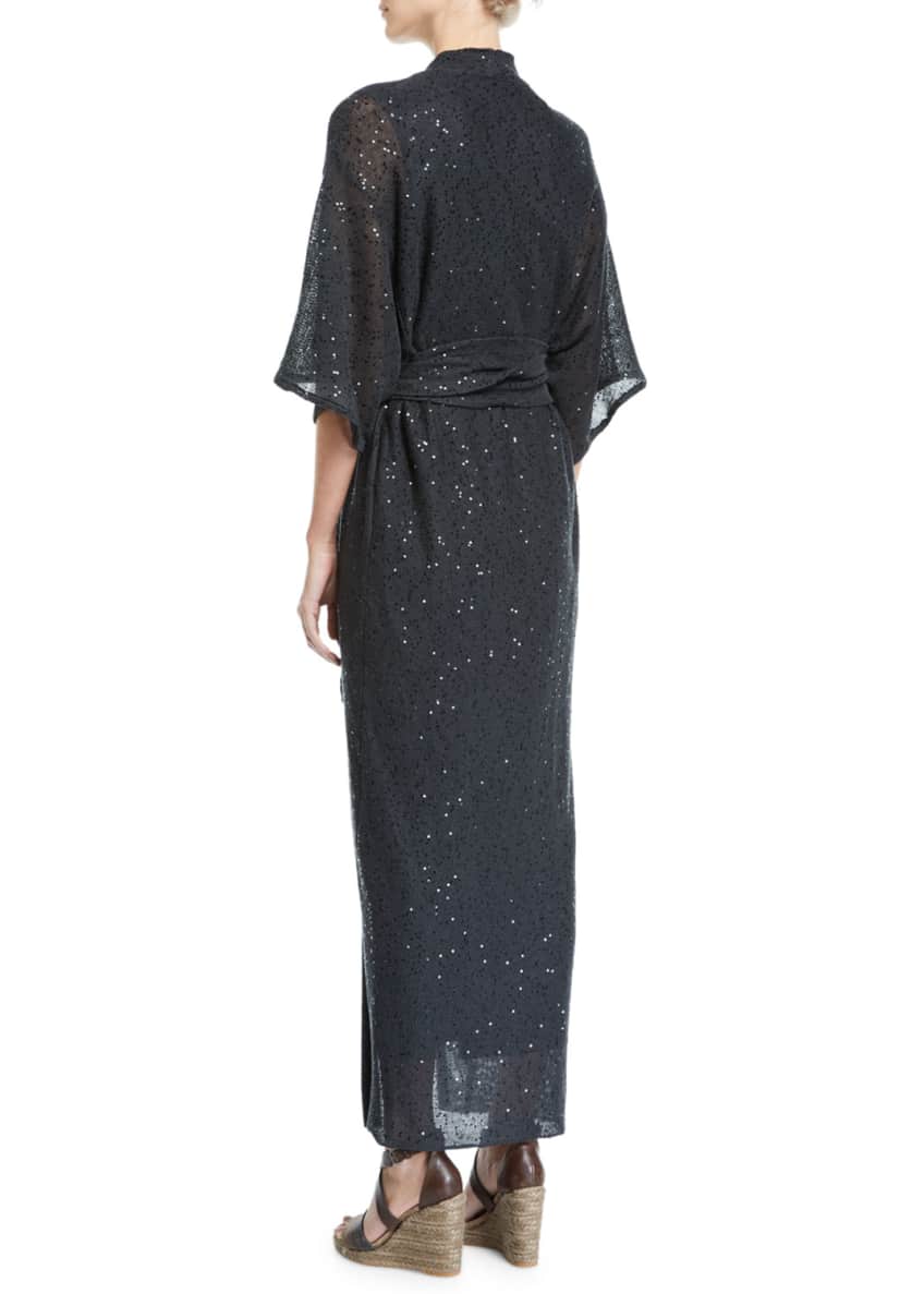 Brunello Cucinelli Monili-Beaded Linen-Silk Wrap Kimono Dress Image 2 of 4
