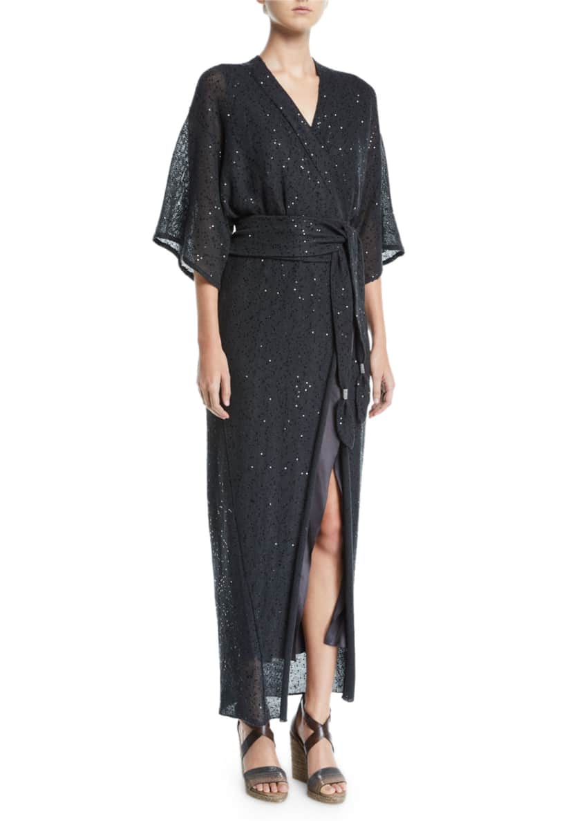 Brunello Cucinelli Monili-Beaded Linen-Silk Wrap Kimono Dress Image 1 of 4