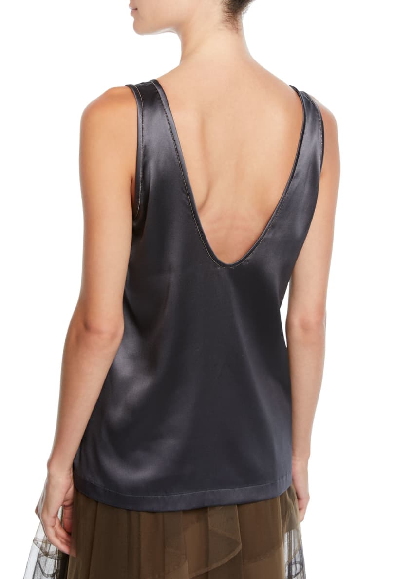 Brunello Cucinelli Monili-Trimmed Silk Scoop-Neck Shell Image 2 of 3