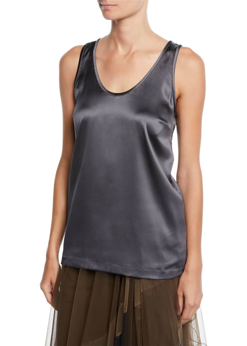 Brunello Cucinelli Monili-Trimmed Silk Scoop-Neck Shell Image 1 of 3