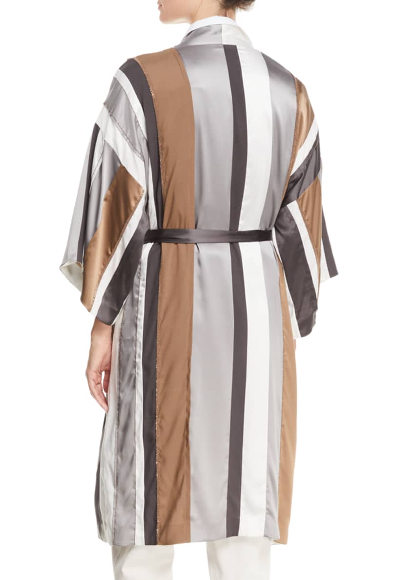 Brunello Cucinelli Monili-Beaded Belted Striped-Silk Kimono Cardigan Image 2 of 2
