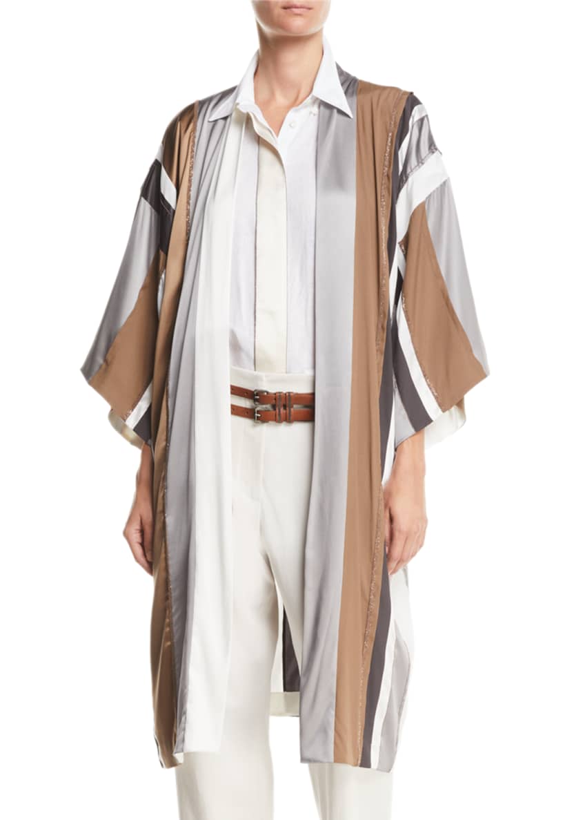 Brunello Cucinelli Monili-Beaded Belted Striped-Silk Kimono Cardigan Image 1 of 2