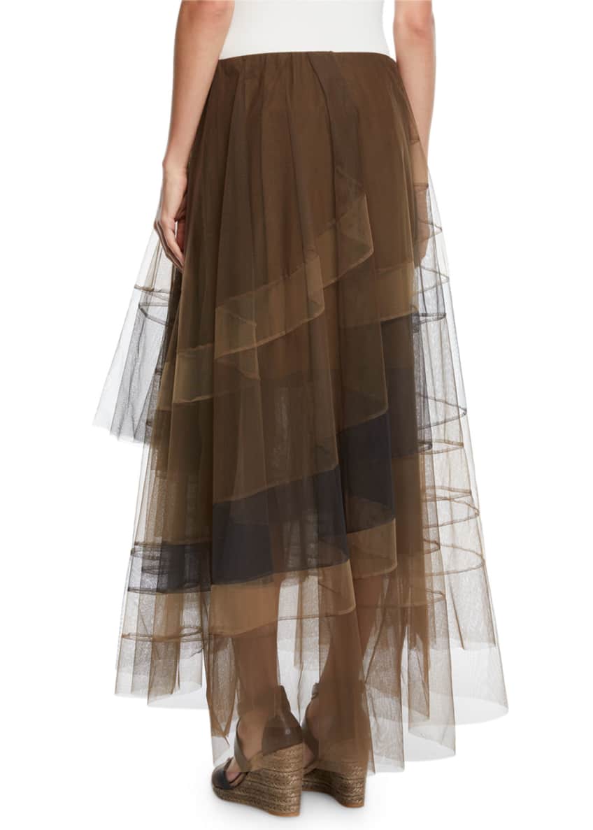 Brunello Cucinelli Diagonal-Stripe Asymmetric-Tiered Tulle Skirt Image 2 of 3