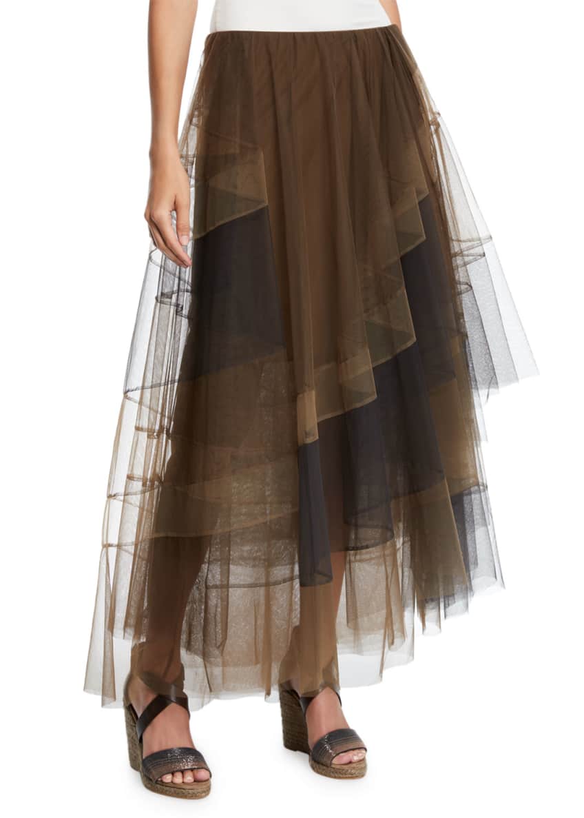 Brunello Cucinelli Diagonal-Stripe Asymmetric-Tiered Tulle Skirt Image 1 of 3