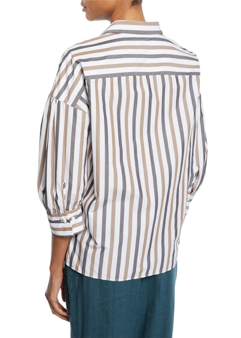 Brunello Cucinelli 3/4-Sleeve Striped Poplin Blouse Image 2 of 2
