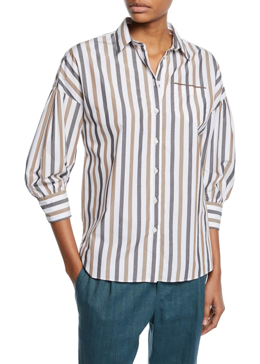 Brunello Cucinelli 3/4-Sleeve Striped Poplin Blouse Image 1 of 2