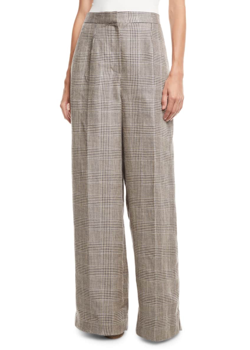 Brunello Cucinelli Wide-Leg Linen Houndstooth Pants Image 1 of 3