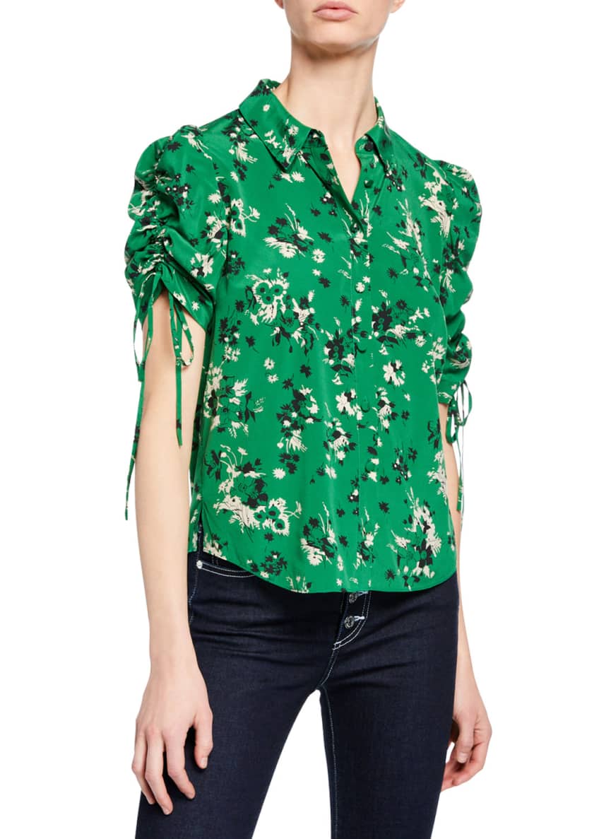 Veronica Beard Carmine Ruched-Sleeve Silk Button-Front Blouse and ...