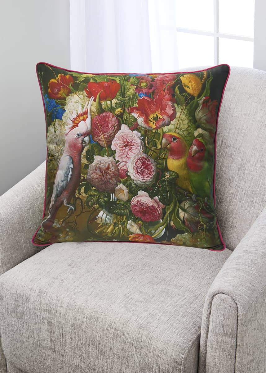 Yana Movchan Floral With Love Birds Silk Pillow