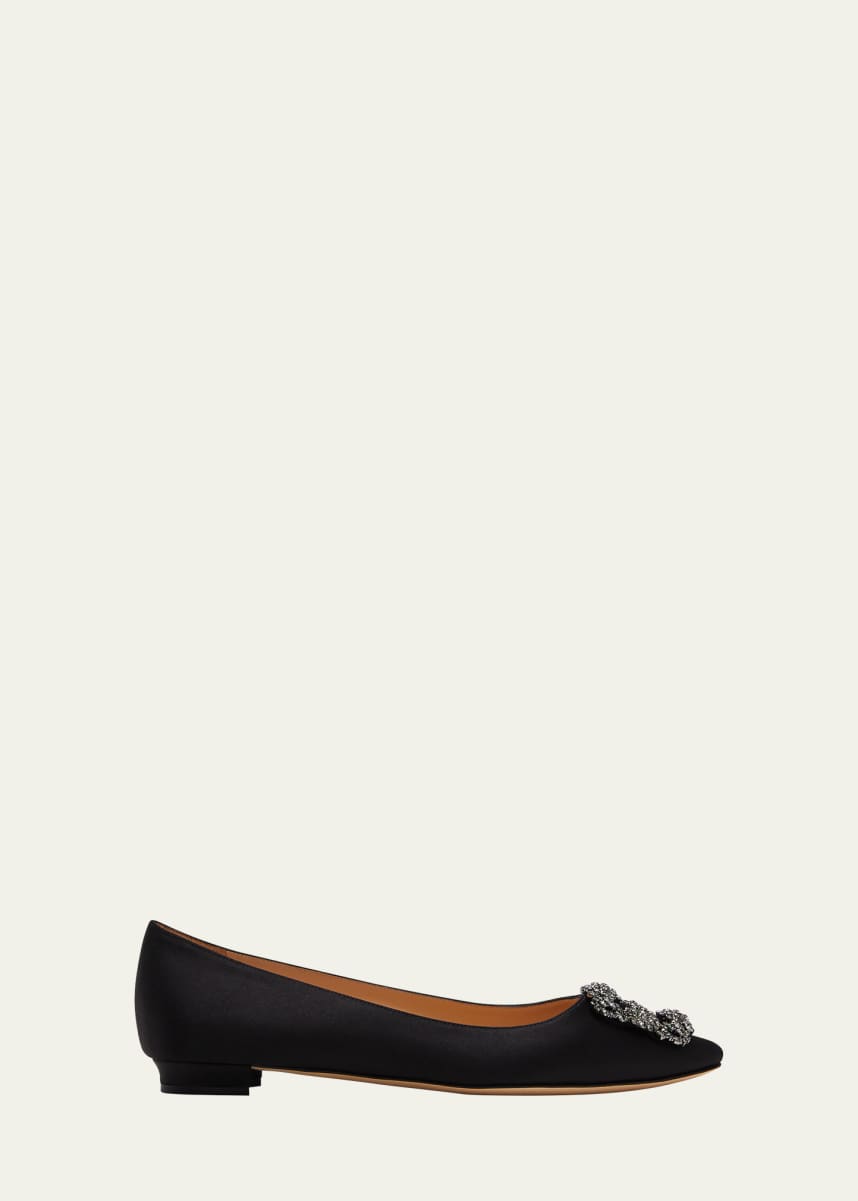 Manolo Blahnik Hangisi Crystal-Buckle Satin Flat