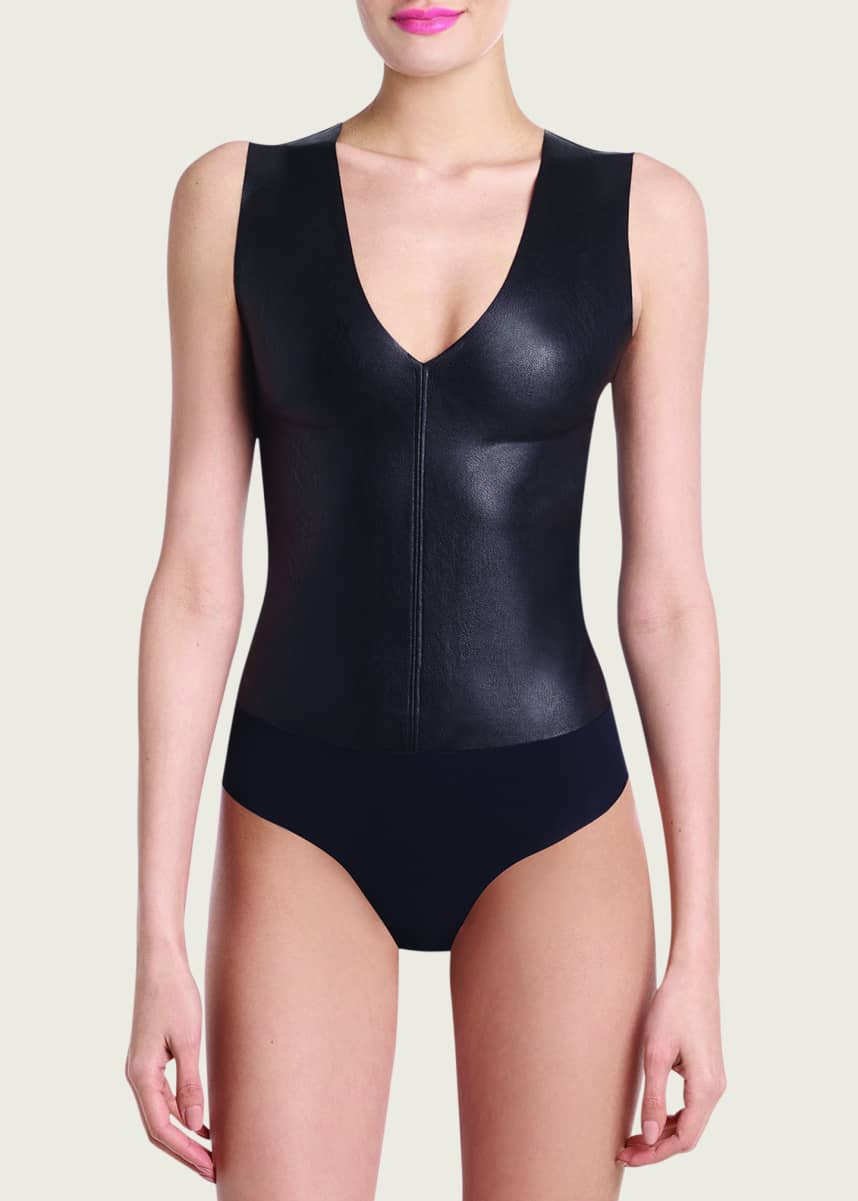 Commando Faux-Leather V-Neck Thong-Back Bodysuit
