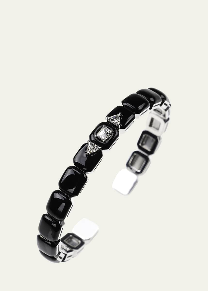 Nikos Koulis Oui 18k White Gold Black Enamel Trillion and Emerald Diamond Bracelet