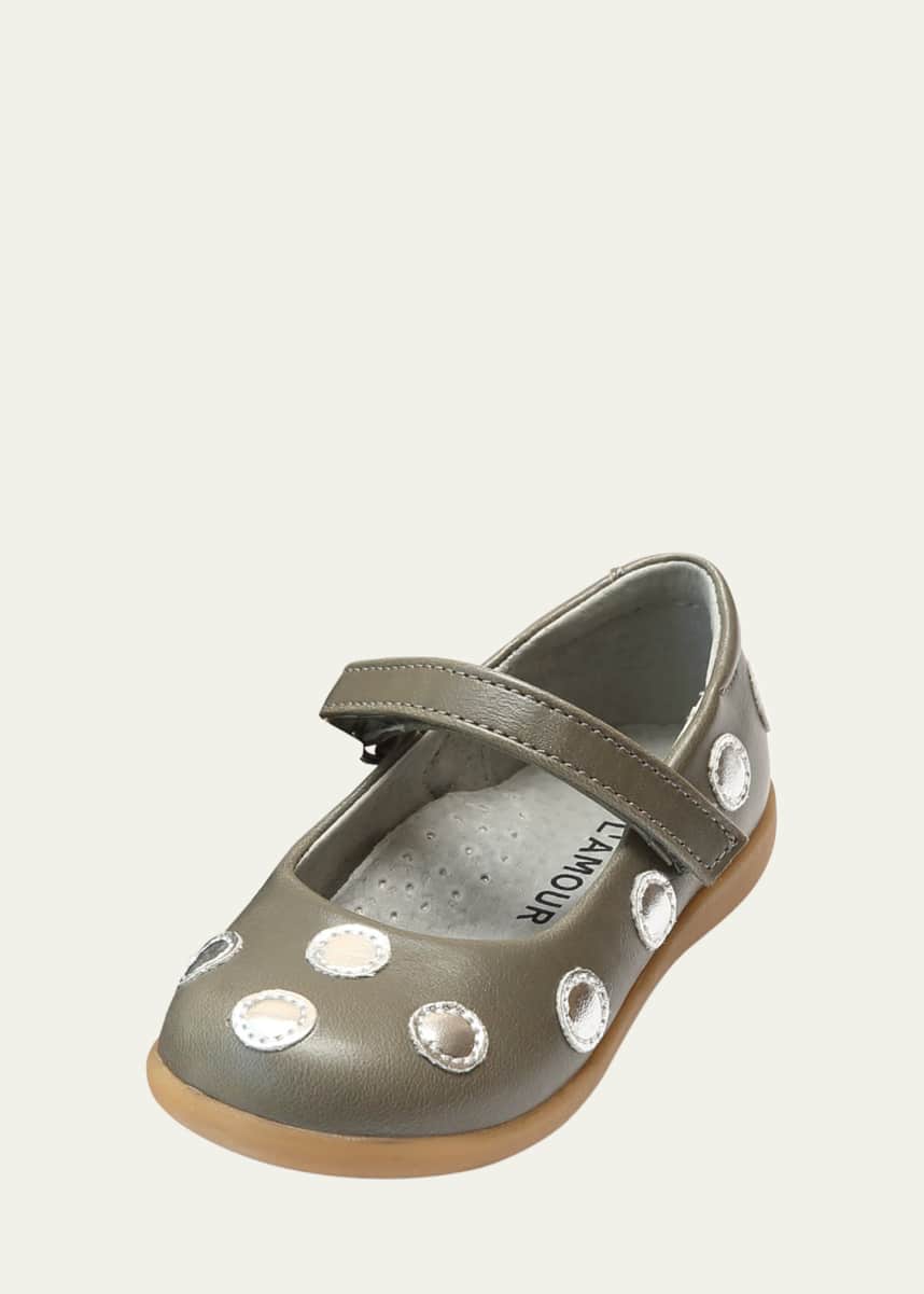 L'Amour Shoes Mara Metallic Polka-Dot Leather Mary Jane, Size Baby/Toddler/Kids