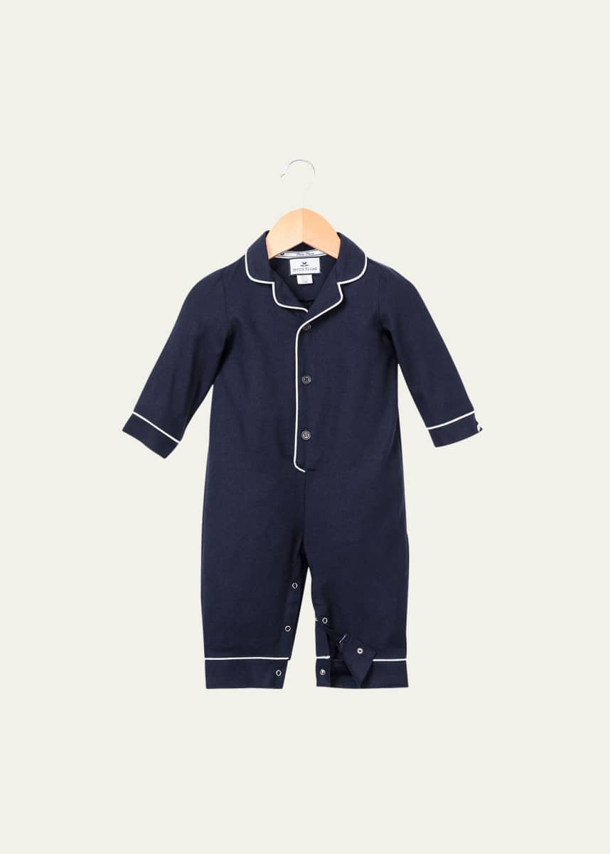 Petite Plume Contrast-Piping Collared Coverall, Size 0-24 Months
