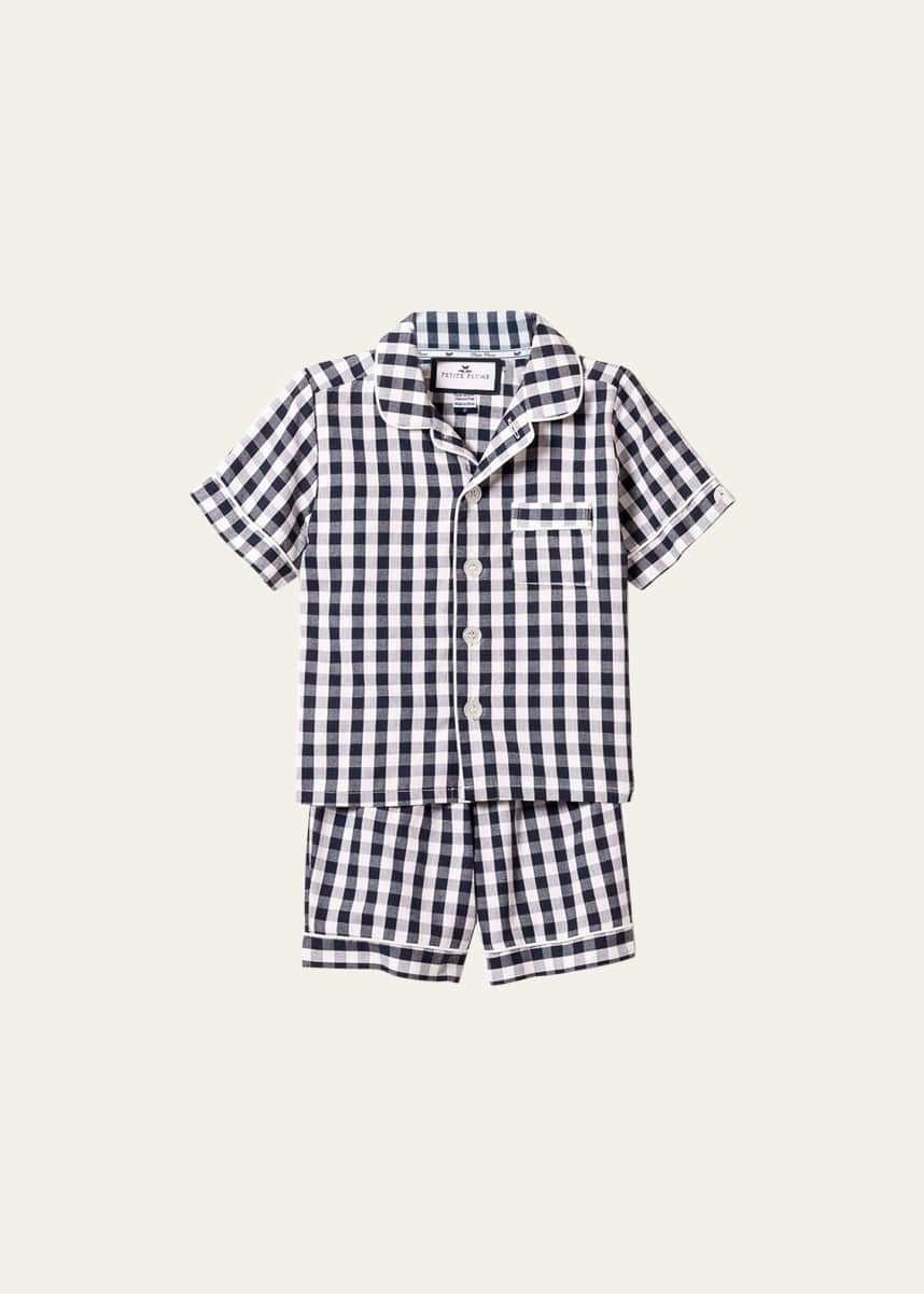 Petite Plume Kid's Gingham Twill Pajama Set w/ Contrast Piping, Size 6M-14