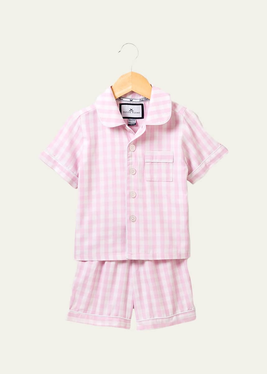 Petite Plume Kid's Gingham Pajama Set w/ Contrast Piping, Size 6M-14