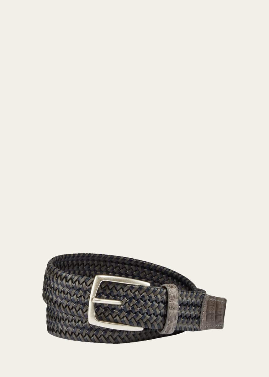 W. Kleinberg Men's Woven Leather Stretch Belt with Crocodile Trim