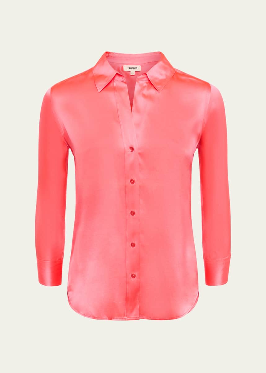 L'Agence Dani Silk Satin 3/4-Sleeve Button-Down Blouse