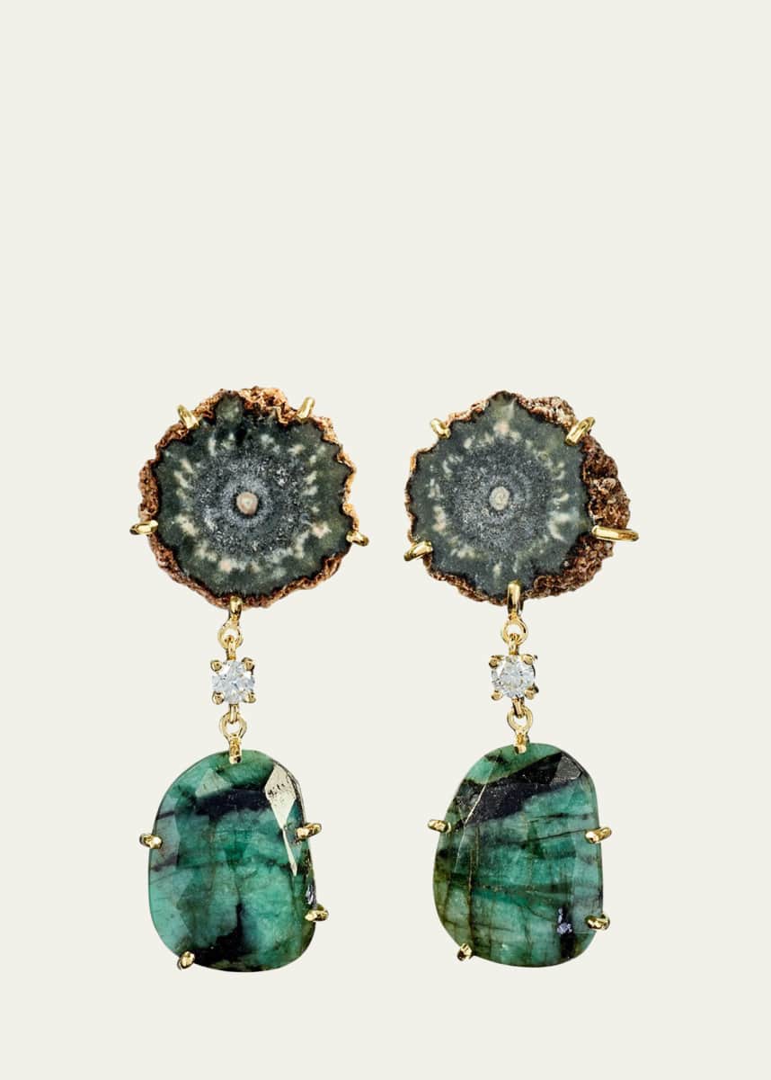 Jan Leslie 18k Bespoke 2-Tier One-of-a-Kind Luxury Earrings w/ Brown Stalactite, Faceted Emerald & Diamonds