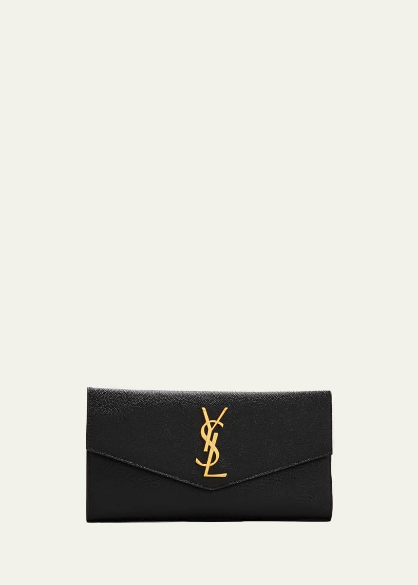 Saint Laurent YSL Monogram Small Envelope Flap Wallet with Zip Pocket in Grained Leather