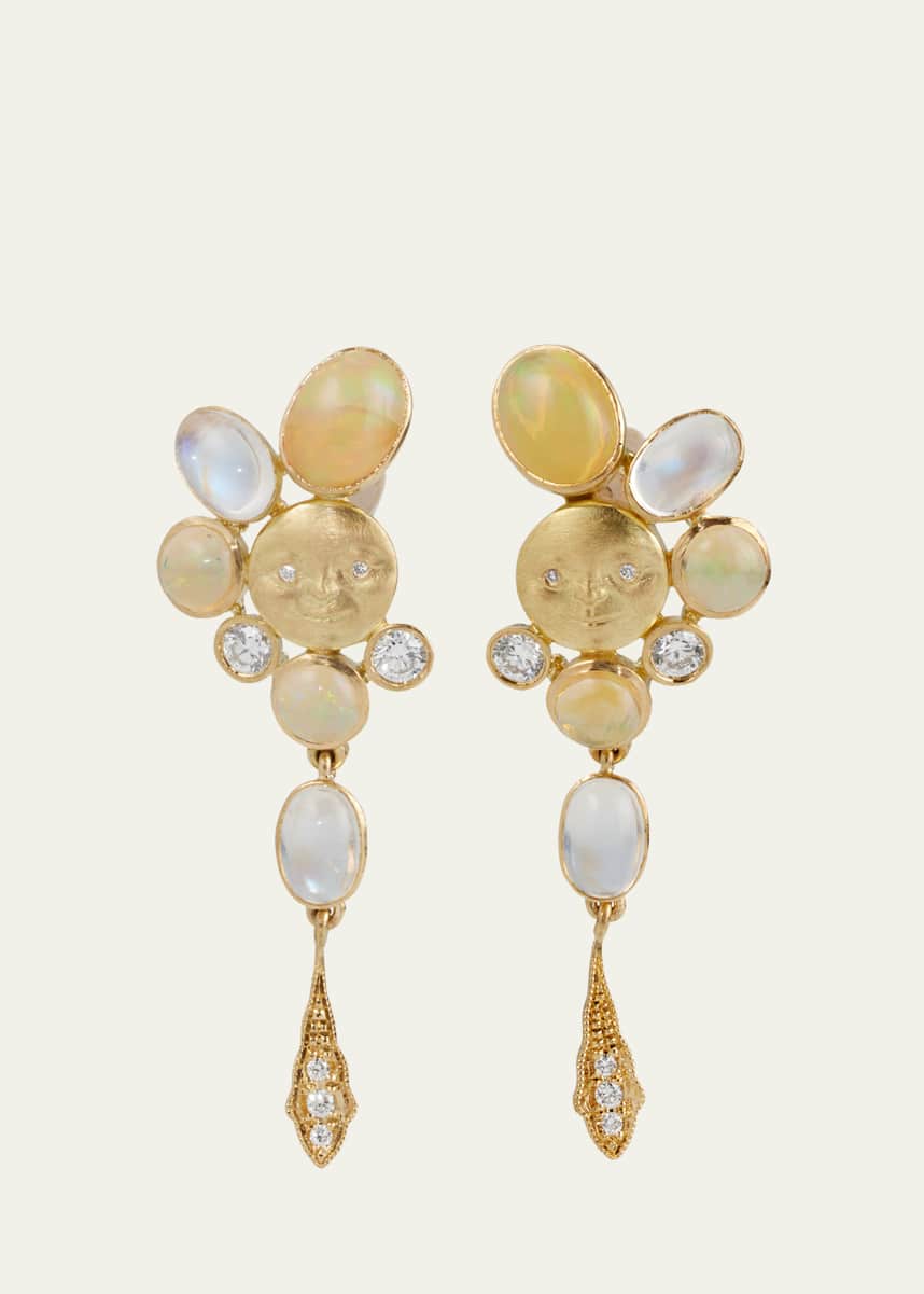 Anthony Lent 18K Yellow Gold Lunar Ellipse Stud Earrings with Diamonds, Opal and Moonstone