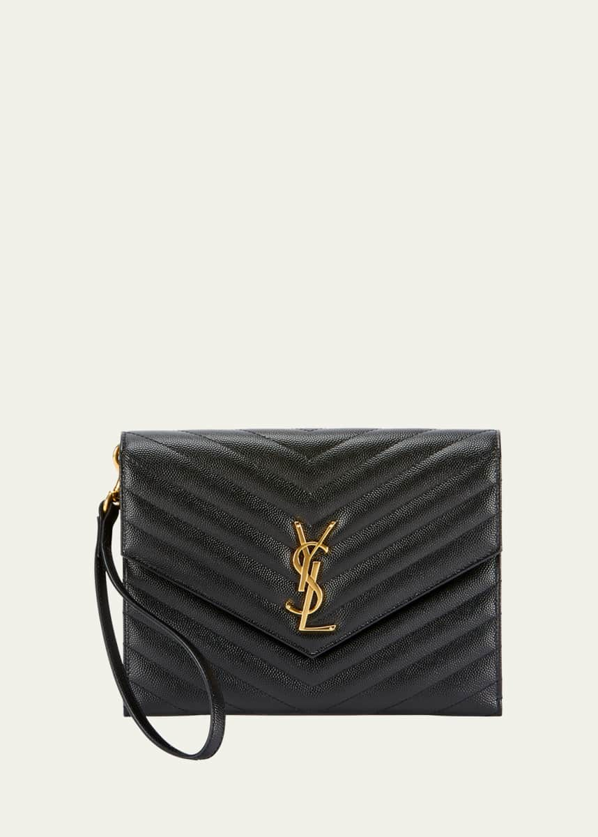 Saint Laurent YSL Monogram Flap Clutch Bag in Grained Leather