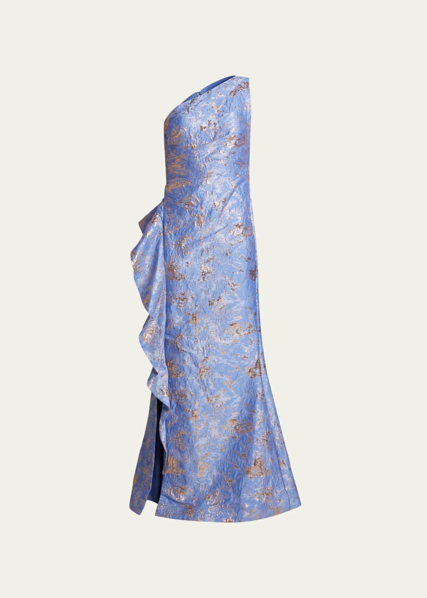 Rickie Freeman for Teri Jon Metallic Jacquard One-Shoulder Side-Ruffle Gown