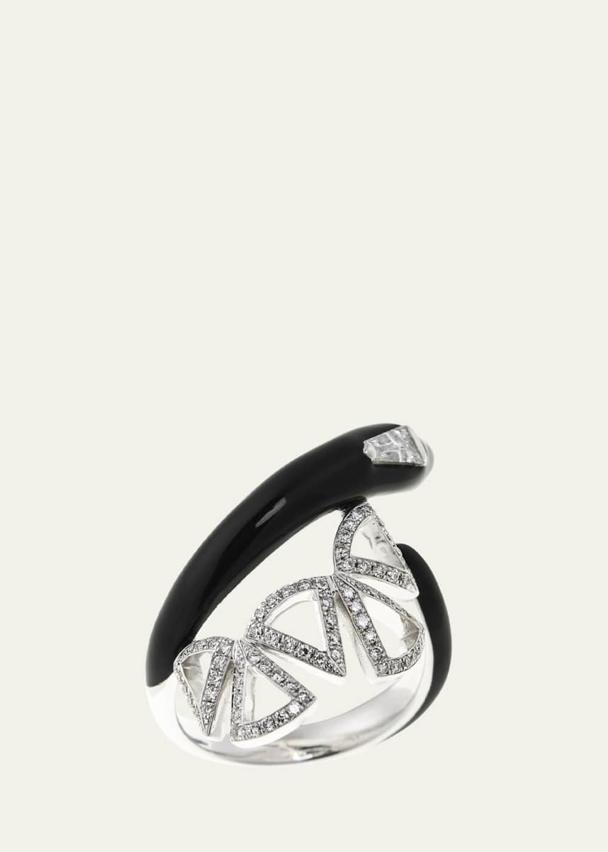 Nikos Koulis Oui Open Wrapped Diamond and Black Enamel Ring in 18k White Gold, Size 6.5