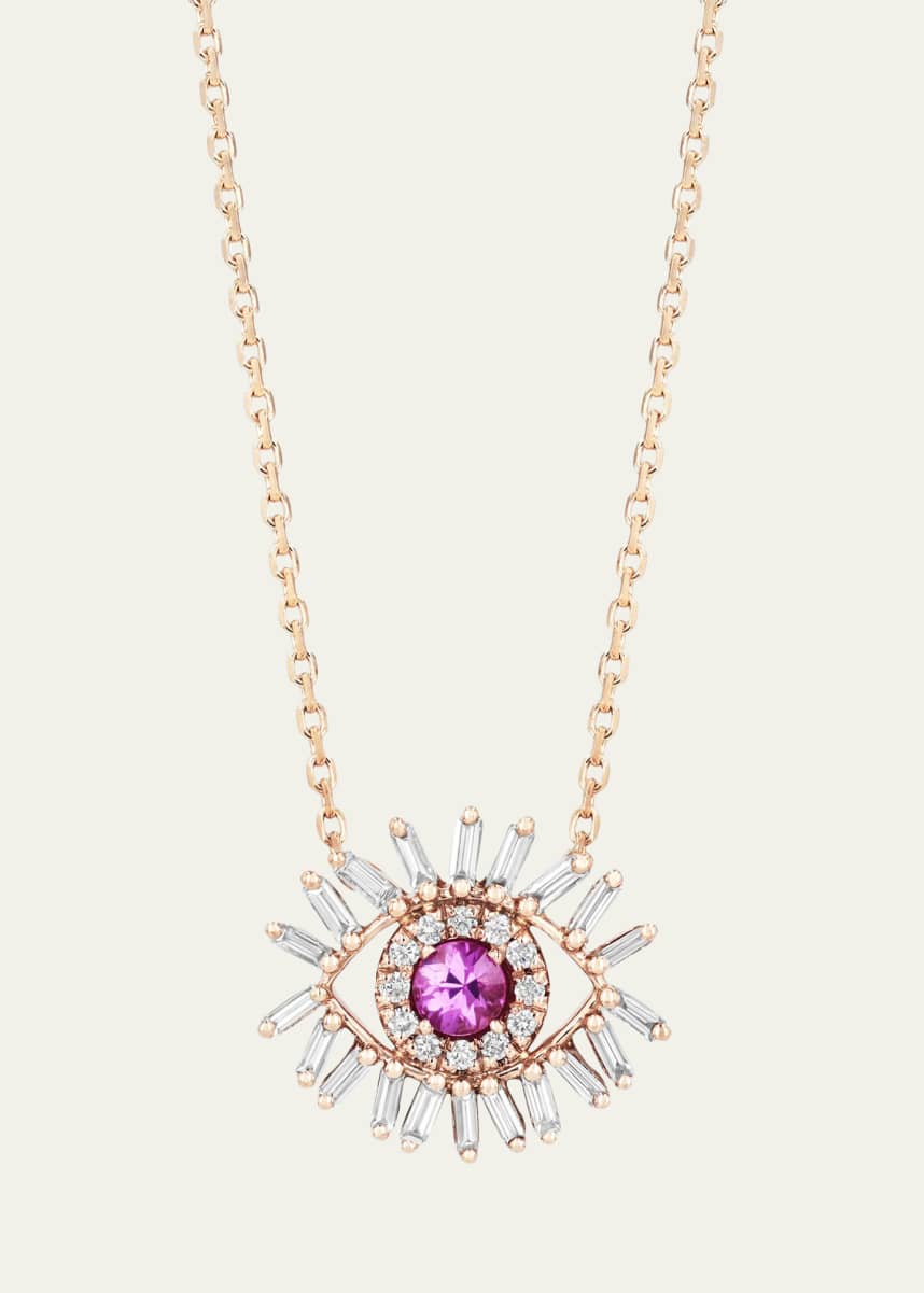 Suzanne Kalan 18k Rose Gold Mini Pink Sapphire Evil Eye Pendant Necklace with Diamonds