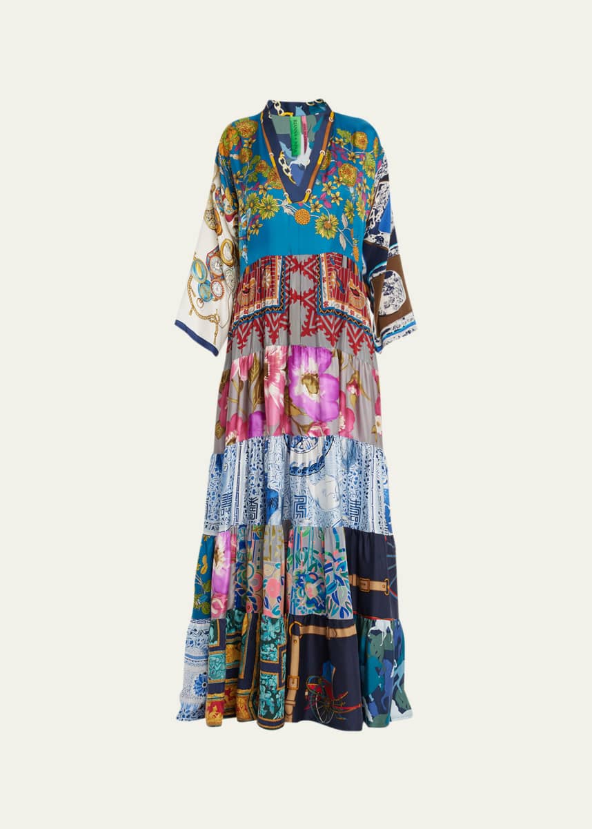 Rianna + Nina One-of-a-Kind Mixed-Print Silk Maxi Dress