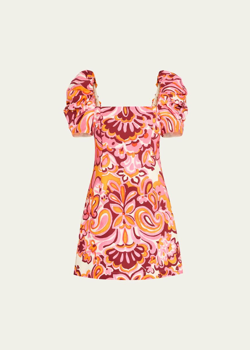 Cara Cara Kelly Blue Tile Print Puff-Sleeve Dress