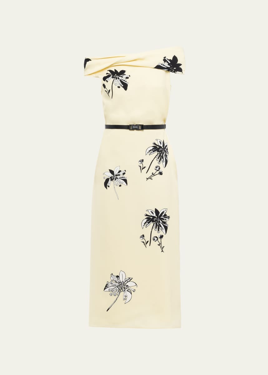 Prada Off-The-Shoulder Floral-Print Belted Midi Dress