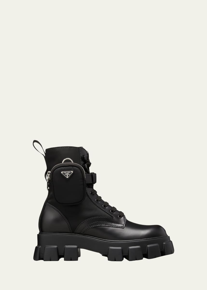 Prada Men's Re-Nylon & Leather Zip Pocket Combat Boots