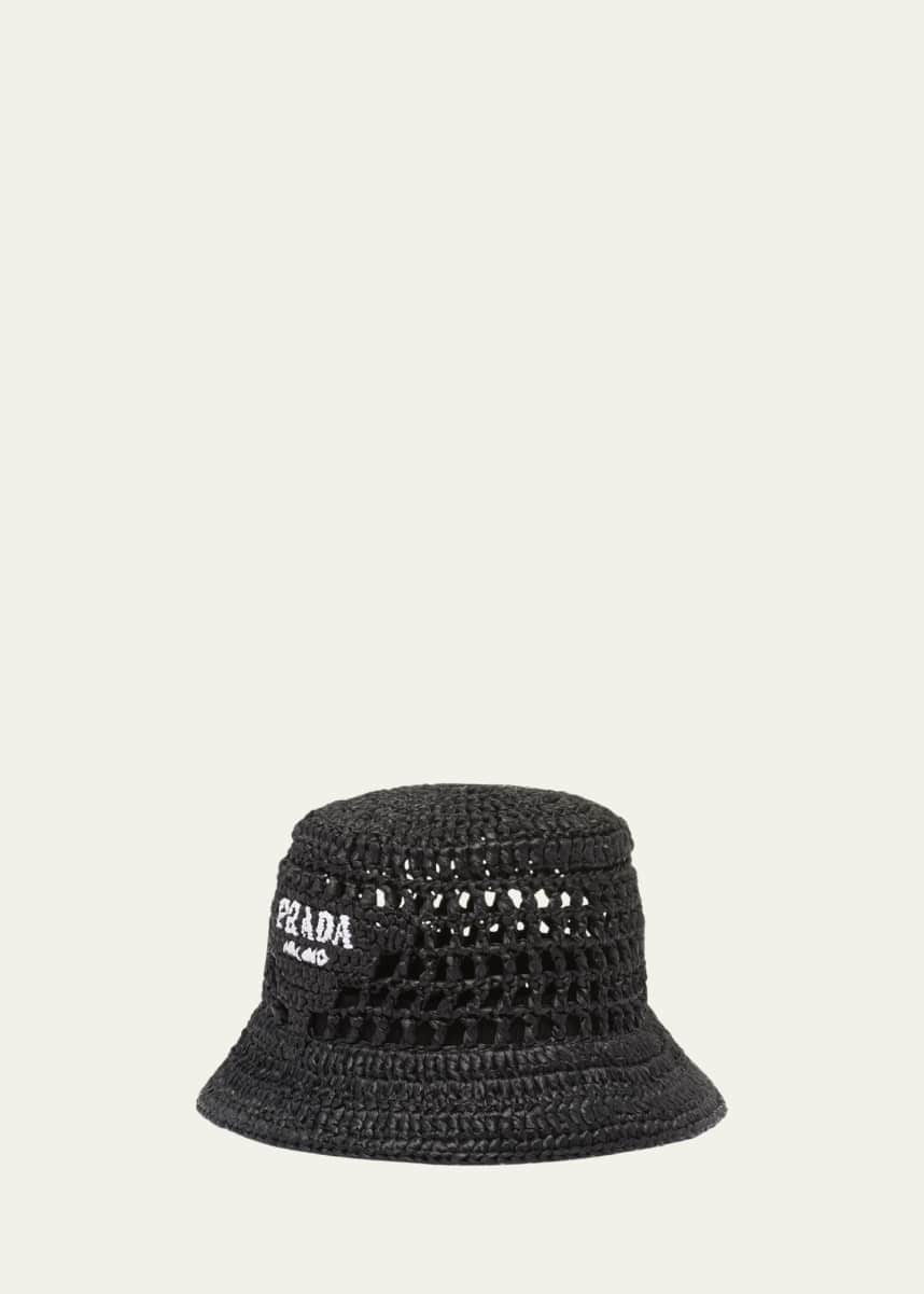 Prada Logo Cutout Raffia Bucket Hat