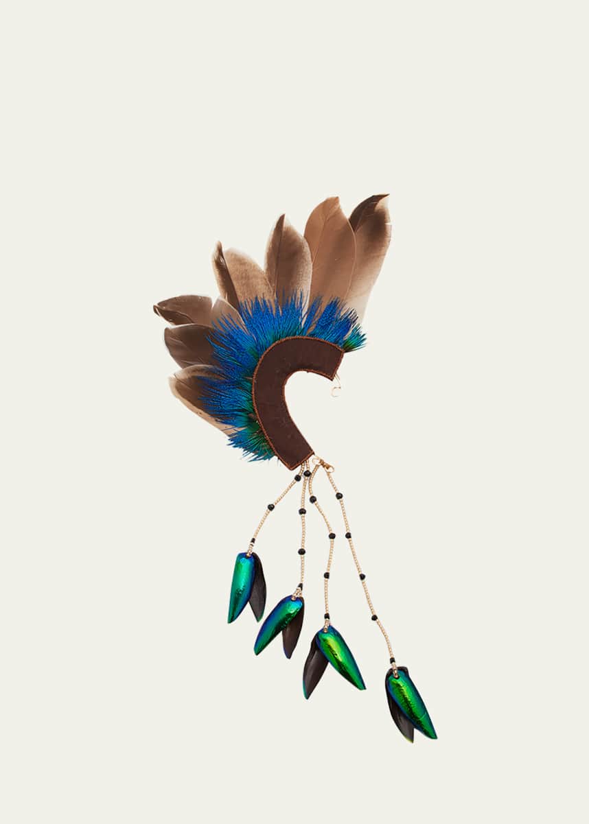 Ranjana Khan Feathered Ear Cuff with Beetle Wing Tassel, Single