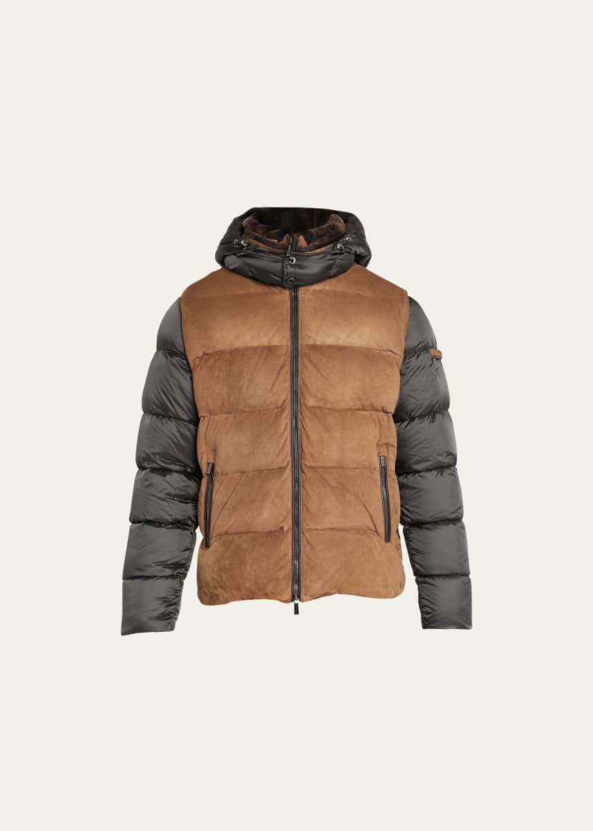 MooRER Men's Suede Bomber Jacket with Removable Nylon Sleeves