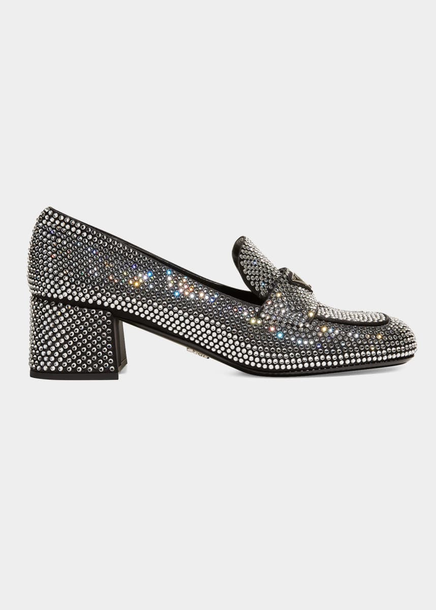Prada Crystal Logo Block-Heel Loafers