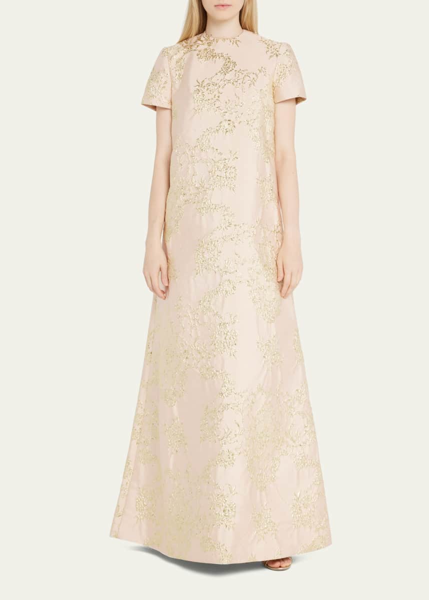 Reem Acra Mikado Piqué A-Line Caftan w/ Beaded Short Sleeves