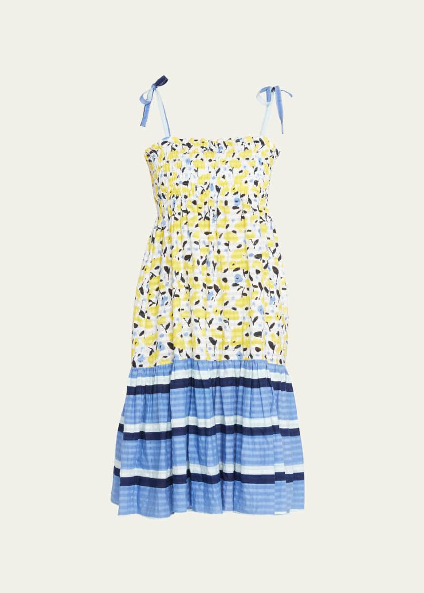 Tanya Taylor Leandra Mixed-Print Smocked Midi Dress