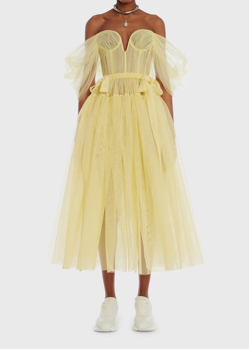 Alexander McQueen Off-the-Shoulder Tulle Midi Dress