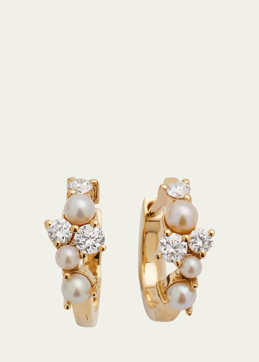 Sydney Evan 14k Yellow Gold Pearl and Diamond Cocktail Huggie Hoops