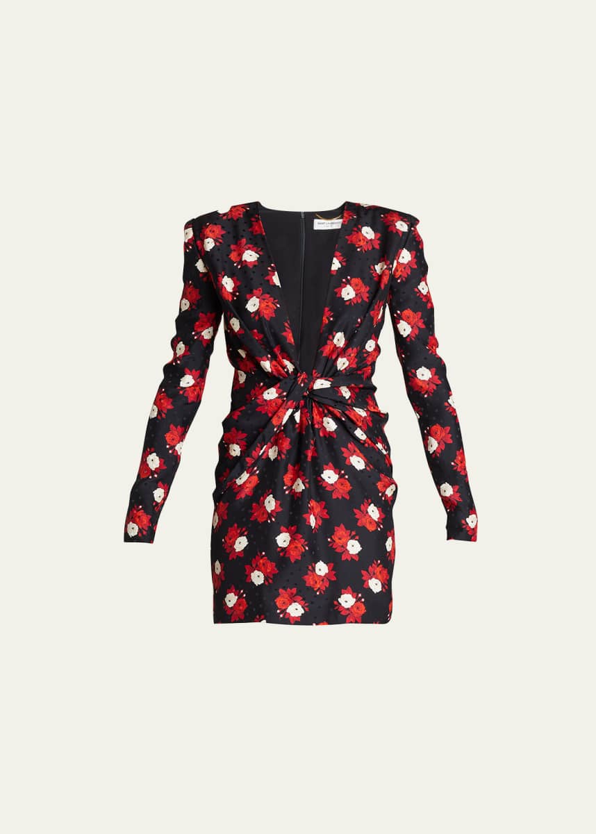 Saint Laurent Floral Polka-Dot Jacquard Twist-Front Mini Dress